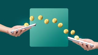 Illustration of two hands holding phones, sending physical gold coins to one another.
