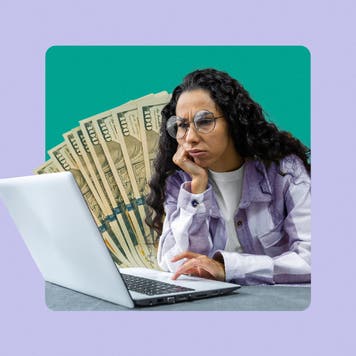 Person frowning at a laptop screen with illustration of money in background