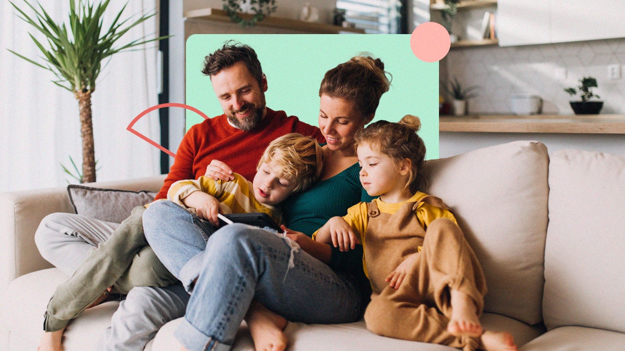 Illustrated collage featuring a family sitting together on a couch