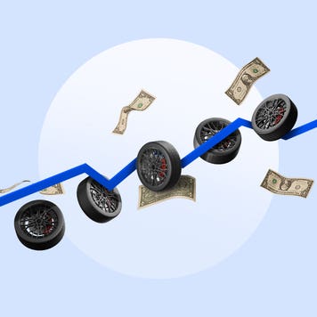 An image of a blue arrow going to the upper right corner of the image. It is overlayed by five car tires and three American dollar bills. The image is on top of a white circle against a light blue background.
