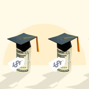 An illustration of four rolls of twenty dollar bills with graduation caps on