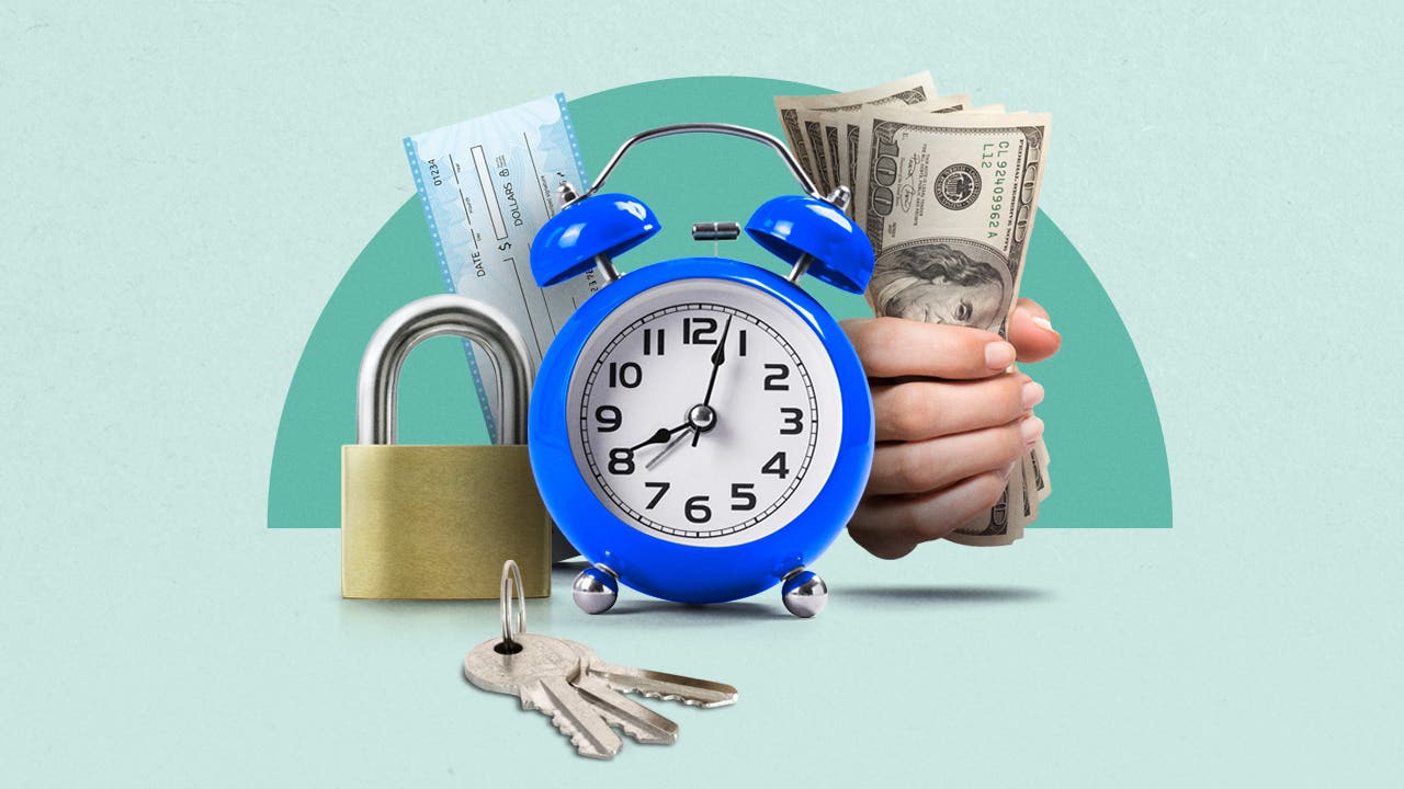 A collection of assorted items: old analog alarm clock, padlock, keys, a check, a hand holding cash