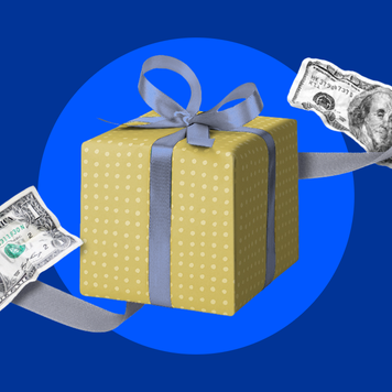 Illustration of gift box surrounded by an up arrow representing higher inflation.
